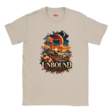 A Ice Grey flat-lay T-shirt with surreal space and floral design with the words in bold "Unbound" and in a script style below "Somewhere Beyond"