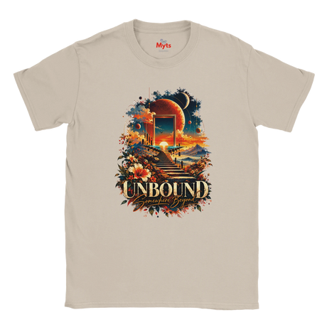A Ice Grey flat-lay T-shirt with surreal space and floral design with the words in bold "Unbound" and in a script style below "Somewhere Beyond"