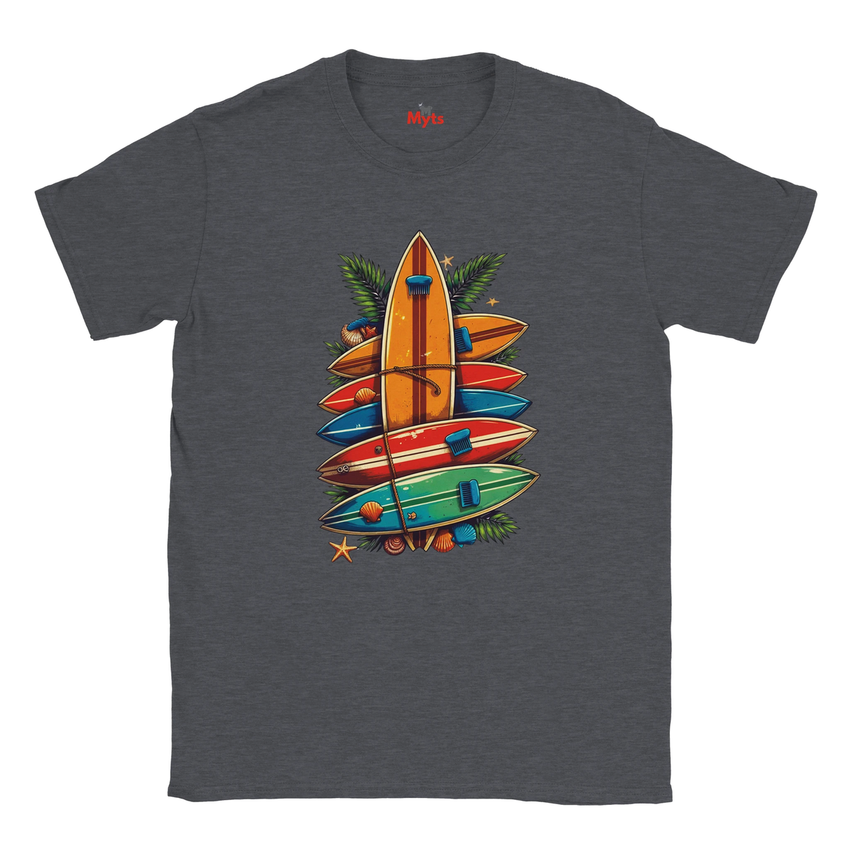 Dark Heather t-shirt with colorful surfboard design on a white background