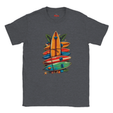 Dark Heather t-shirt with colorful surfboard design on a white background