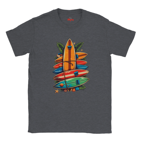 Dark Heather t-shirt with colorful surfboard design on a white background