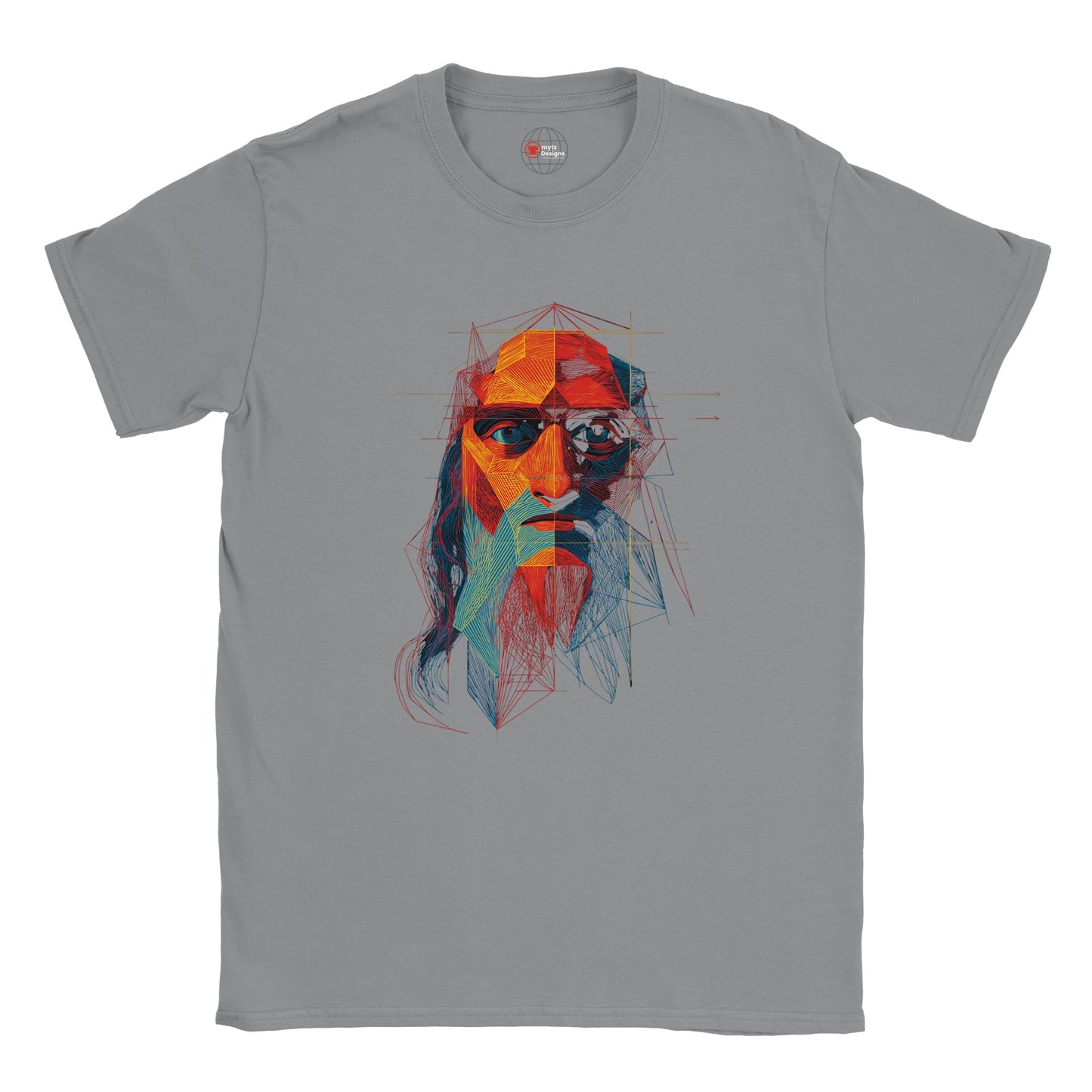 Gray t-shirt with a colorful graphic of a face on a white background