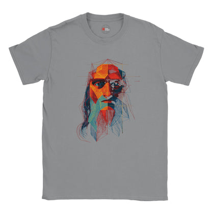 Gray t-shirt with a colorful graphic of a face on a white background