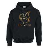 Black hoodie with fishing-themed graphic and text on a white background