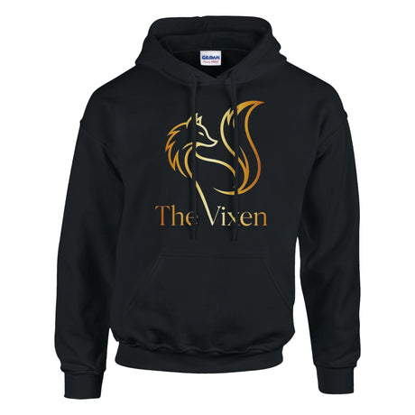 Black hoodie with fishing-themed graphic and text on a white background