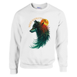 A white crewneck sweatshirt featuring a colorful graphic of a wolf's head in profile against a yellow full moon, with the text 'NEXT EVOLUTION' arched above it. The Gildan brand label is visible inside the collar.