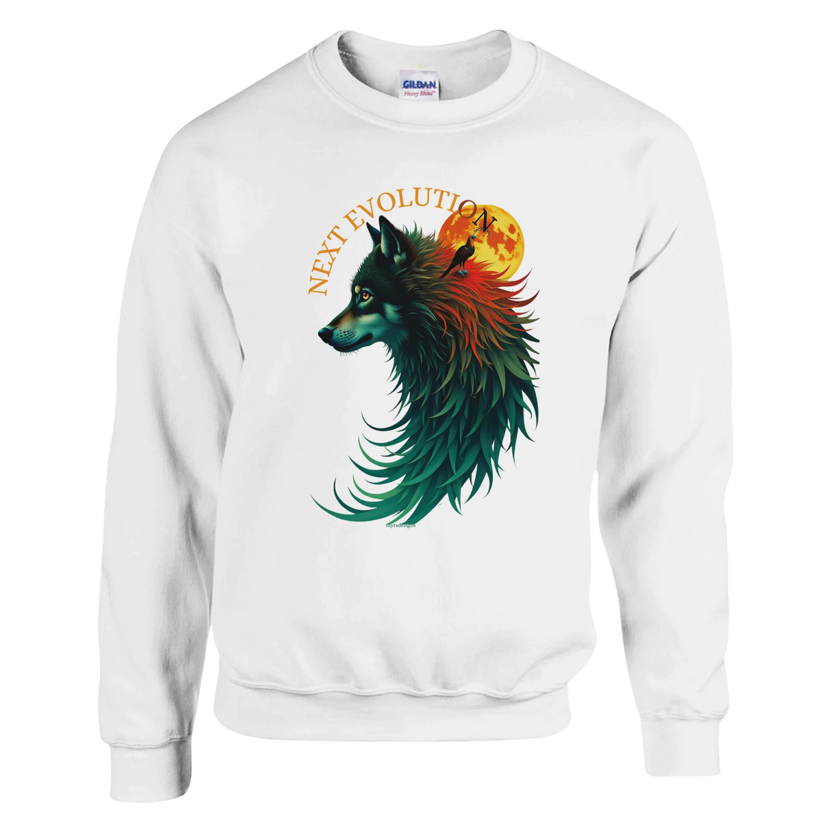 A white crewneck sweatshirt featuring a colorful graphic of a wolf's head in profile against a yellow full moon, with the text 'NEXT EVOLUTION' arched above it. The Gildan brand label is visible inside the collar.