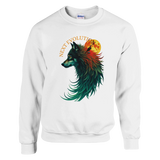 A white crewneck sweatshirt featuring a colorful graphic of a wolf's head in profile against a yellow full moon, with the text 'NEXT EVOLUTION' arched above it. The Gildan brand label is visible inside the collar.