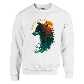 A white crewneck sweatshirt featuring a colorful graphic of a wolf's head in profile against a yellow full moon, with the text 'NEXT EVOLUTION' arched above it. The Gildan brand label is visible inside the collar.