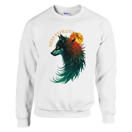A white crewneck sweatshirt featuring a colorful graphic of a wolf's head in profile against a yellow full moon, with the text 'NEXT EVOLUTION' arched above it. The Gildan brand label is visible inside the collar.