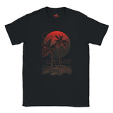 Black t-shirt with red and white palm tree design on a white background