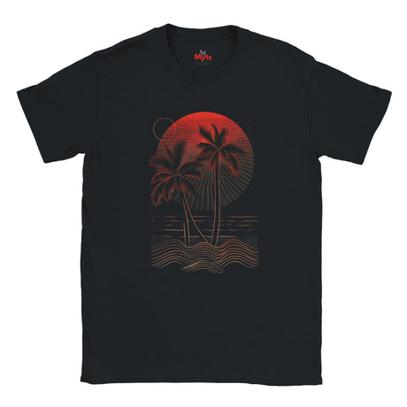 Black t-shirt with red and white palm tree design on a white background
