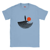 Light blue t-shirt with a graphic design of a wave and sun on a white background