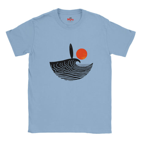 Light blue t-shirt with a graphic design of a wave and sun on a white background