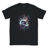 Black t-shirt with a colorful abstract design on a white background