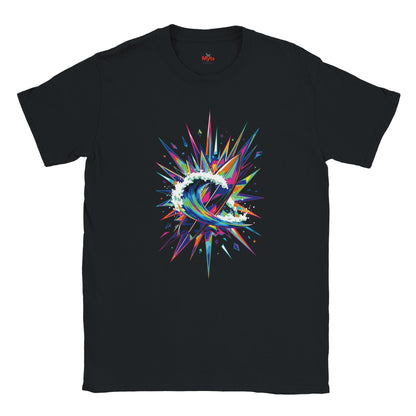 Black t-shirt with a colorful abstract design on a white background