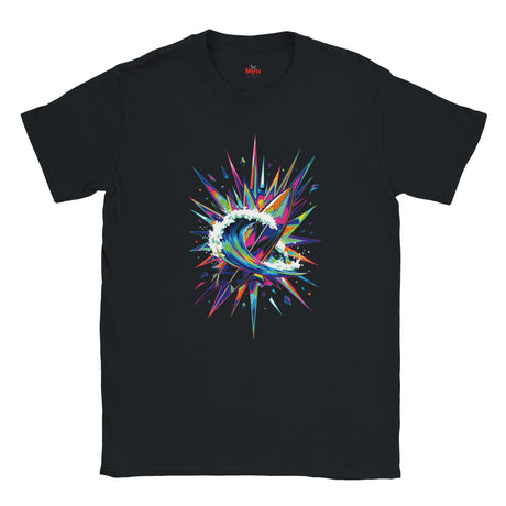 Black t-shirt with a colorful abstract design on a white background