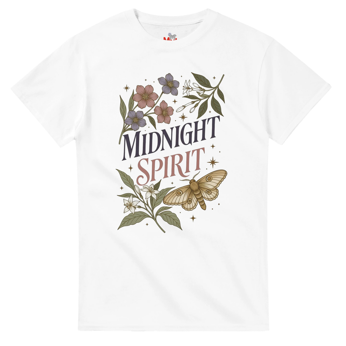A white short-sleeve crewneck t-shirt featuring a vintage-style graphic on the front with the words 'MIDNIGHT SPIRIT' surrounded by flowers, leaves, and a moth.