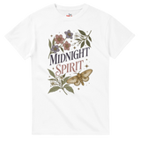 A white short-sleeve crewneck t-shirt featuring a vintage-style graphic on the front with the words 'MIDNIGHT SPIRIT' surrounded by flowers, leaves, and a moth.