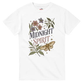 A white short-sleeve crewneck t-shirt featuring a vintage-style graphic on the front with the words 'MIDNIGHT SPIRIT' surrounded by flowers, leaves, and a moth.