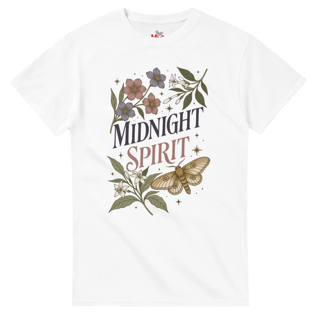 A white short-sleeve crewneck t-shirt featuring a vintage-style graphic on the front with the words 'MIDNIGHT SPIRIT' surrounded by flowers, leaves, and a moth.