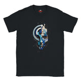 A black short-sleeve crewneck t-shirt with a graphic on the chest 