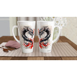 Two white ceramic mugs with a large black and red dragon illustration, displayed side-by-side on a checkered placemat on a wooden table.