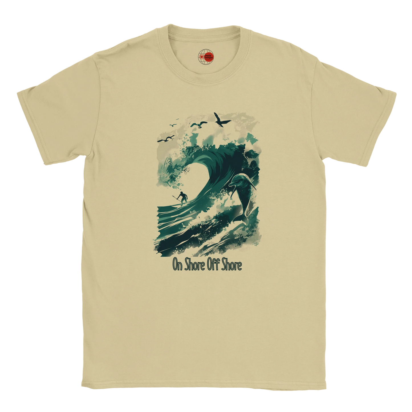 Natural t-shirt with a graphic of waves and birds on a white background
