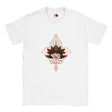 White t-shirt with a geometric lotus design on a white background