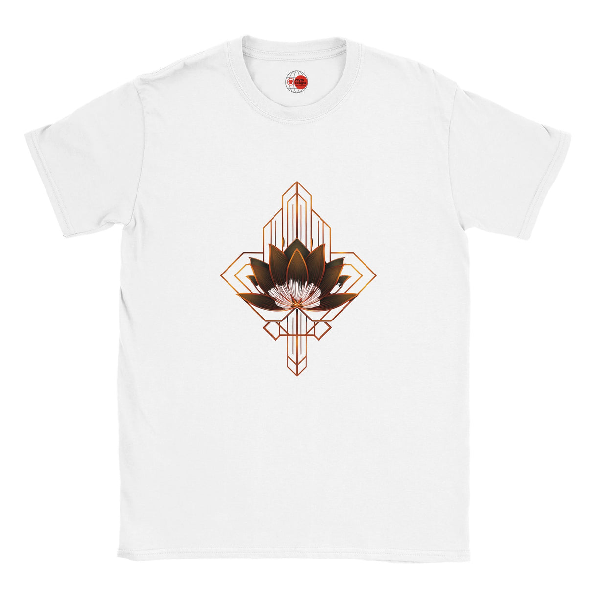 White t-shirt with a geometric lotus design on a white background