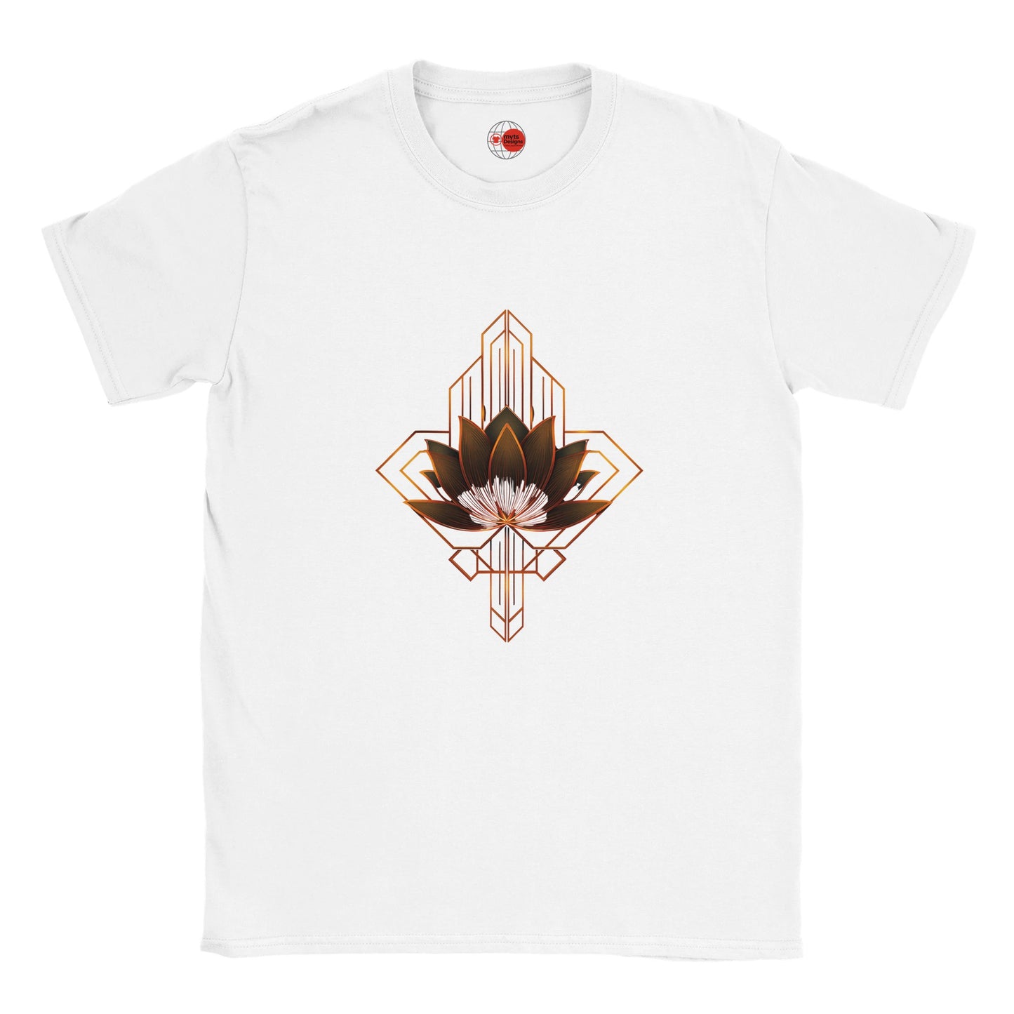 White t-shirt with a geometric lotus design on a white background