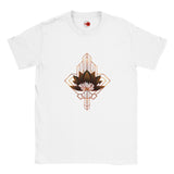 White t-shirt with a geometric lotus design on a white background
