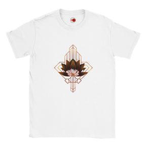 White t-shirt with a geometric lotus design on a white background