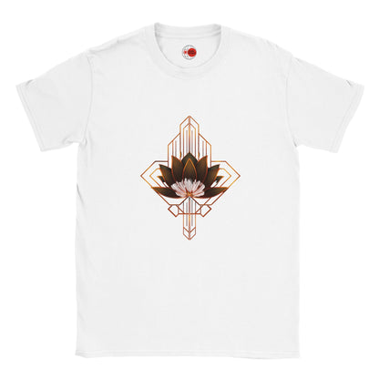 White t-shirt with a geometric lotus design on a white background