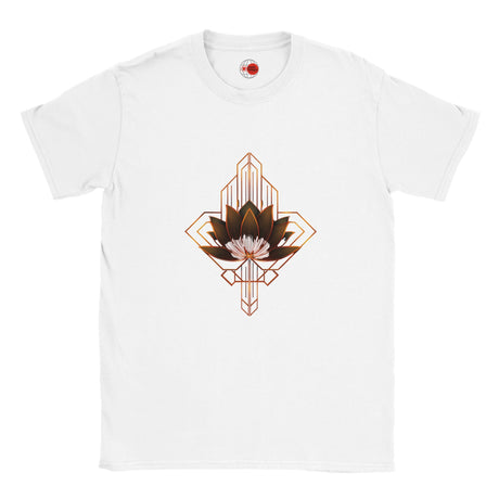 White t-shirt with a geometric lotus design on a white background