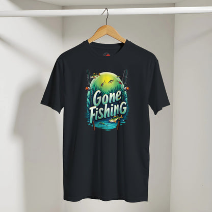 Black t-shirt with 'Gone Fishing' graphic on a hanger against a white wall