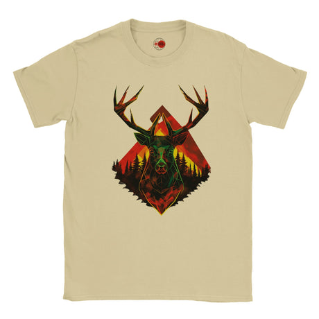 Natural t-shirt with a graphic of a deer head with antlers and a forest design on a white background