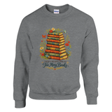 Sports Grey sweatshirt featuring vintage stacked books artwork with floral accents and “There’s No Such Thing As Too Many Books” text.
