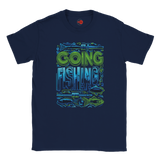 Navy blue t-shirt with 'Going Fishing' graphic design on a white background