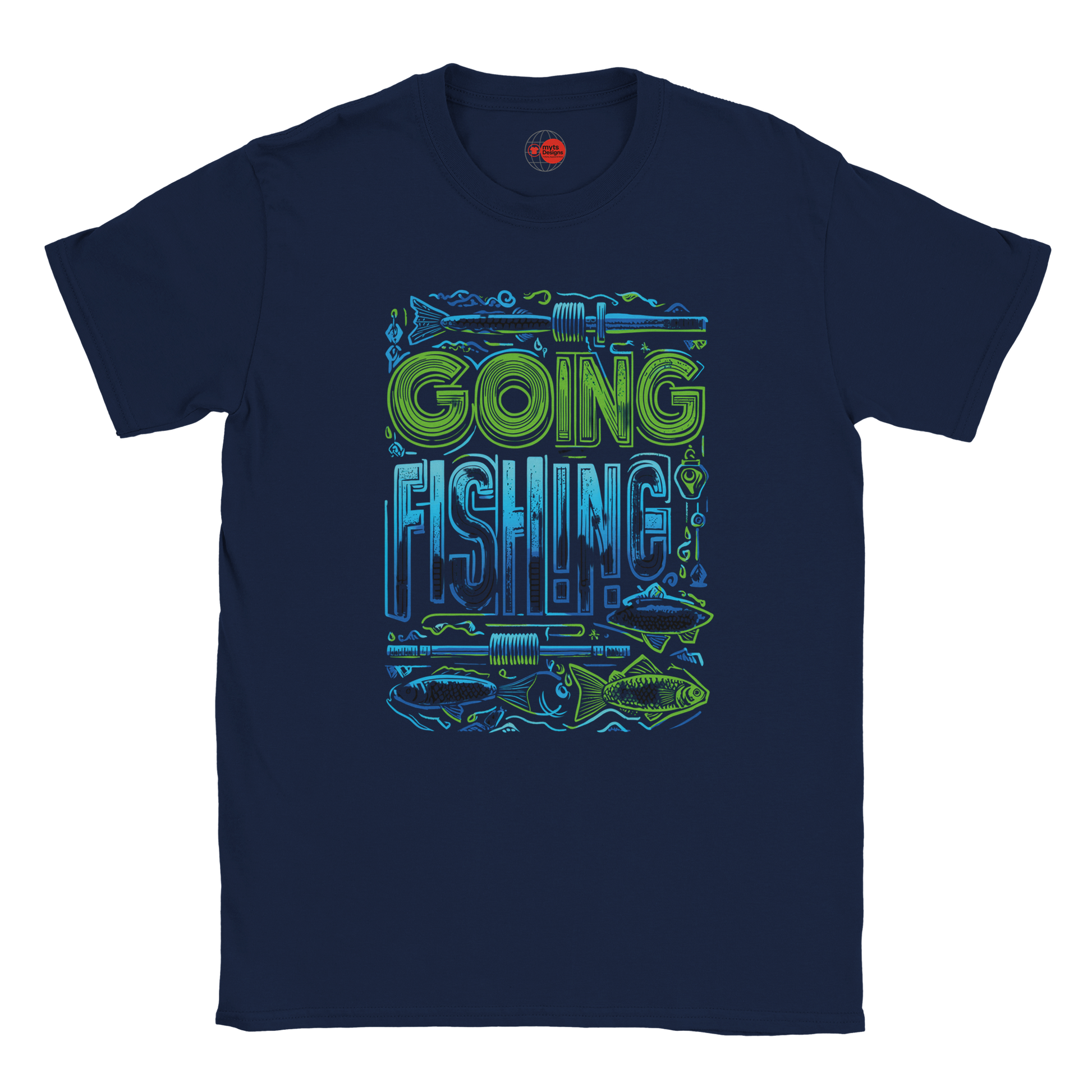 Navy blue t-shirt with 'Going Fishing' graphic design on a white background