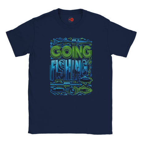 Navy blue t-shirt with 'Going Fishing' graphic design on a white background