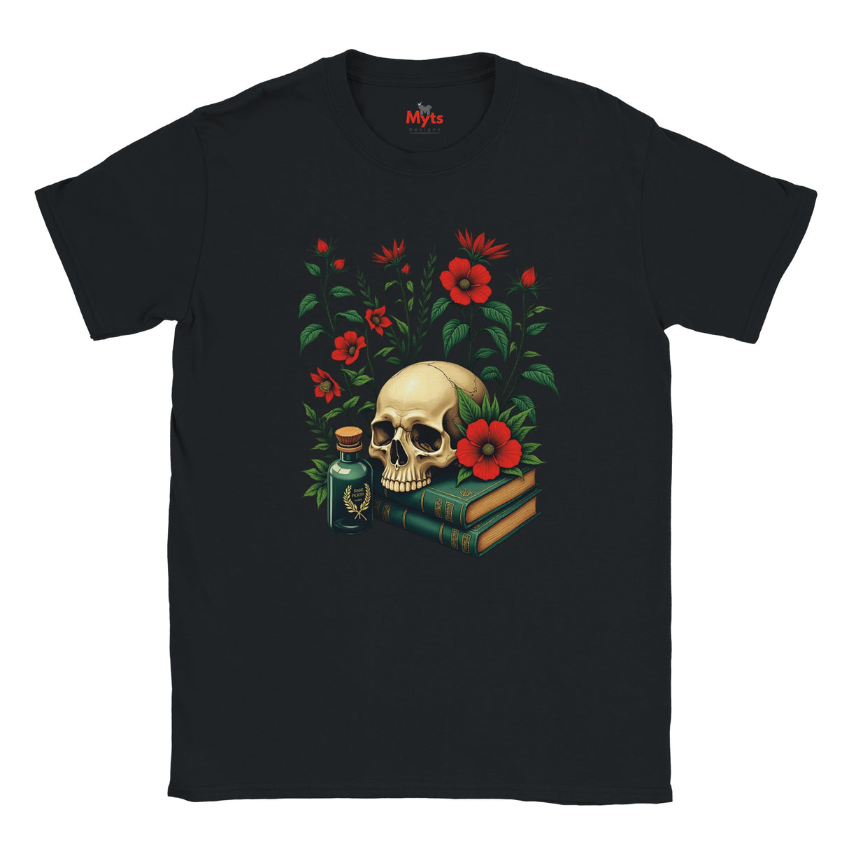 Black t-shirt with a skull and flowers design on a white background