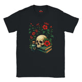 Black t-shirt with a skull and flowers design on a white background