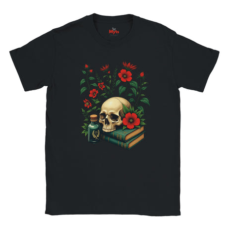 Black t-shirt with a skull and flowers design on a white background