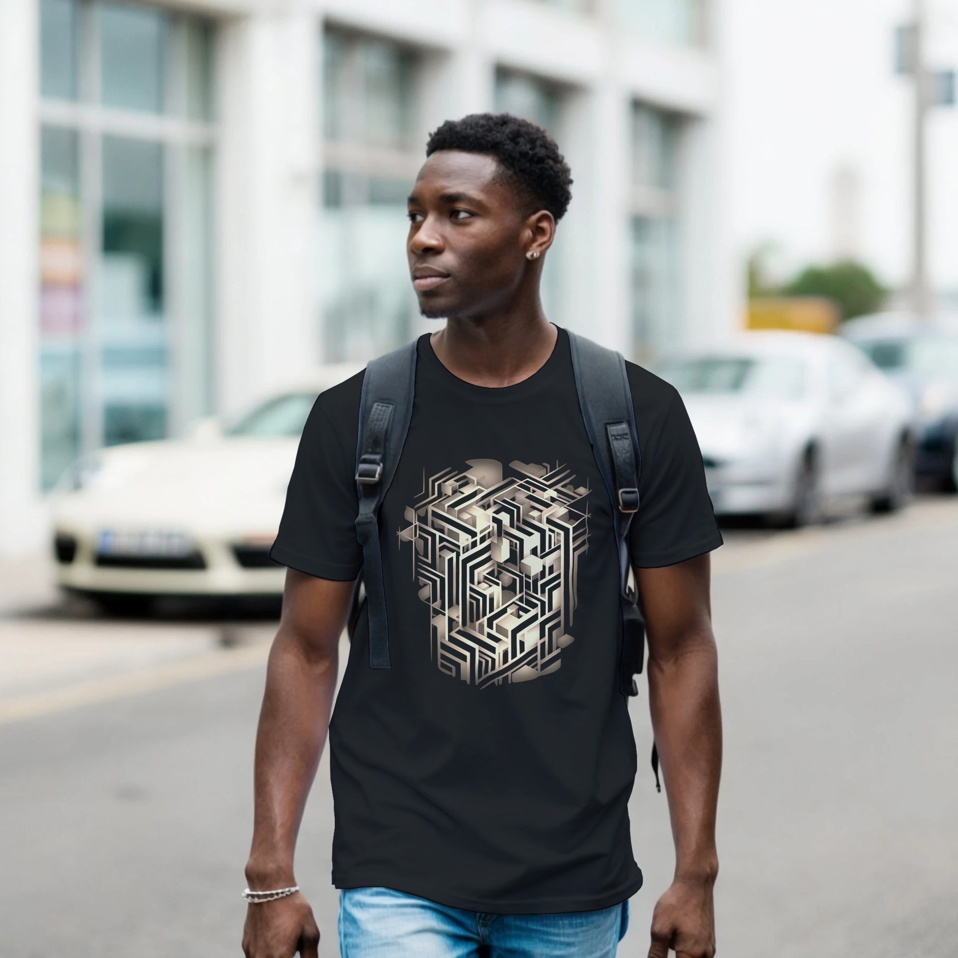 A man wearing a black t-shirt with a geometric design, standing on a street.