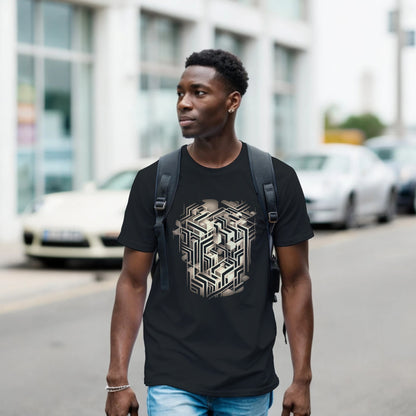 A man wearing a black t-shirt with a geometric design, standing on a street.