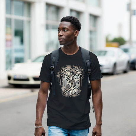 A man wearing a black t-shirt with a geometric design, standing on a street.