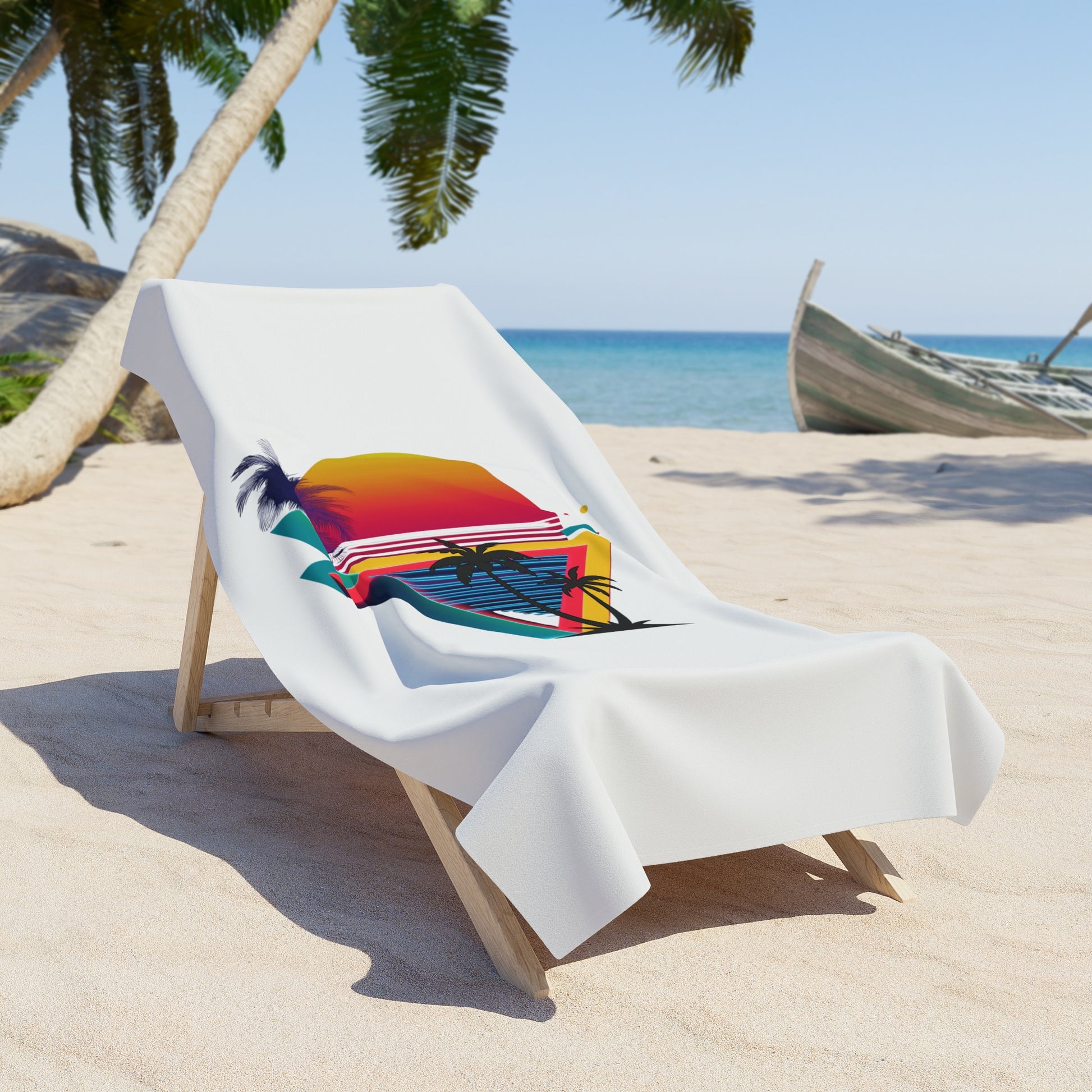 A white beach towel draped over a wooden lounge chair on a sandy beach, featuring a colorful tropical sunset and palm tree graphic.
