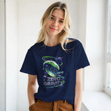 Woman wearing a navy blue t-shirt with 'Zero Gravity' graphic design.