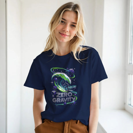 Woman wearing a navy blue t-shirt with 'Zero Gravity' graphic design.